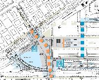 A gyalogosforgalom fő területei a Baross téren (vázlat). Narancsszín jelöli a felszíni részleteket, kék a -1-es szintieket, a szaggatott vonalak a fő gyalogostengelyek, s feltüntettük még a MÁV-vágányok fejeit, valamint a metrókijáratokat is. (forrás: VEKE)