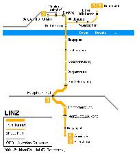 A linzi villamoshálózat sematikus térképe. A vastagabb vonallal jelölt íves rész a földalatti szakasz. A térkép felhasználását a jogtulajdonos engedélyezte. (forrás: http://www.urbanrail.net)