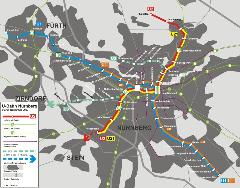 Nürnberg metróhálózata, rajta a tervezett U3 vonalával, Nürnberg (forrás: Wikipedia)