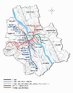 A kék vonal Varsó egyetlen üzemelő metróvonala, a térképen azonban ennek épülő meghosszabbítása és a tervezett 2-es (piros) és 3-as (zöld) metróvonal is látható., Varsó (forrás: http://www.metro.waw.pl/)